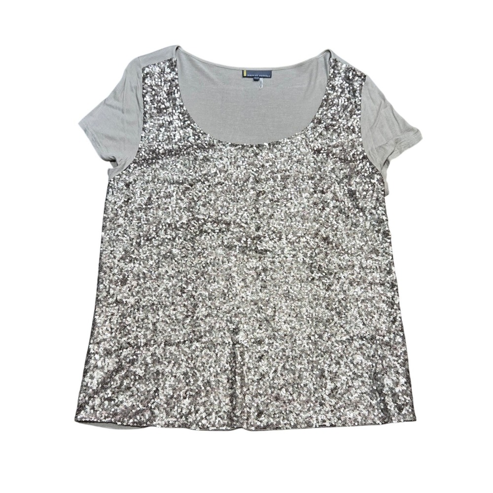 Jeans by Buffalo XL Sequin Front Short Sleeve Scoop Neck Top Taupe Sparkly